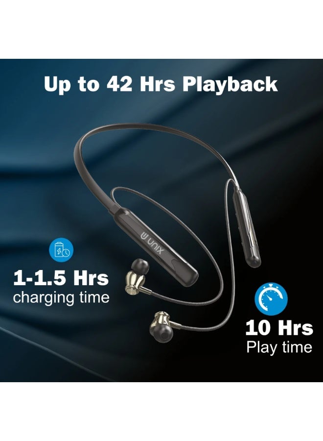 يونيكس سماعة Unix Torq N500 اللاسلكية على شكل نك باند | وضع اقتران مزدوج مع اتصال Bluetooth v5.4 | وقت تشغيل يصل إلى 42 ساعة مع مشغلات 10 مم | تقنية ENC لإلغاء الضوضاء لمكالمات واضحة | شحن سريع T - Image 5